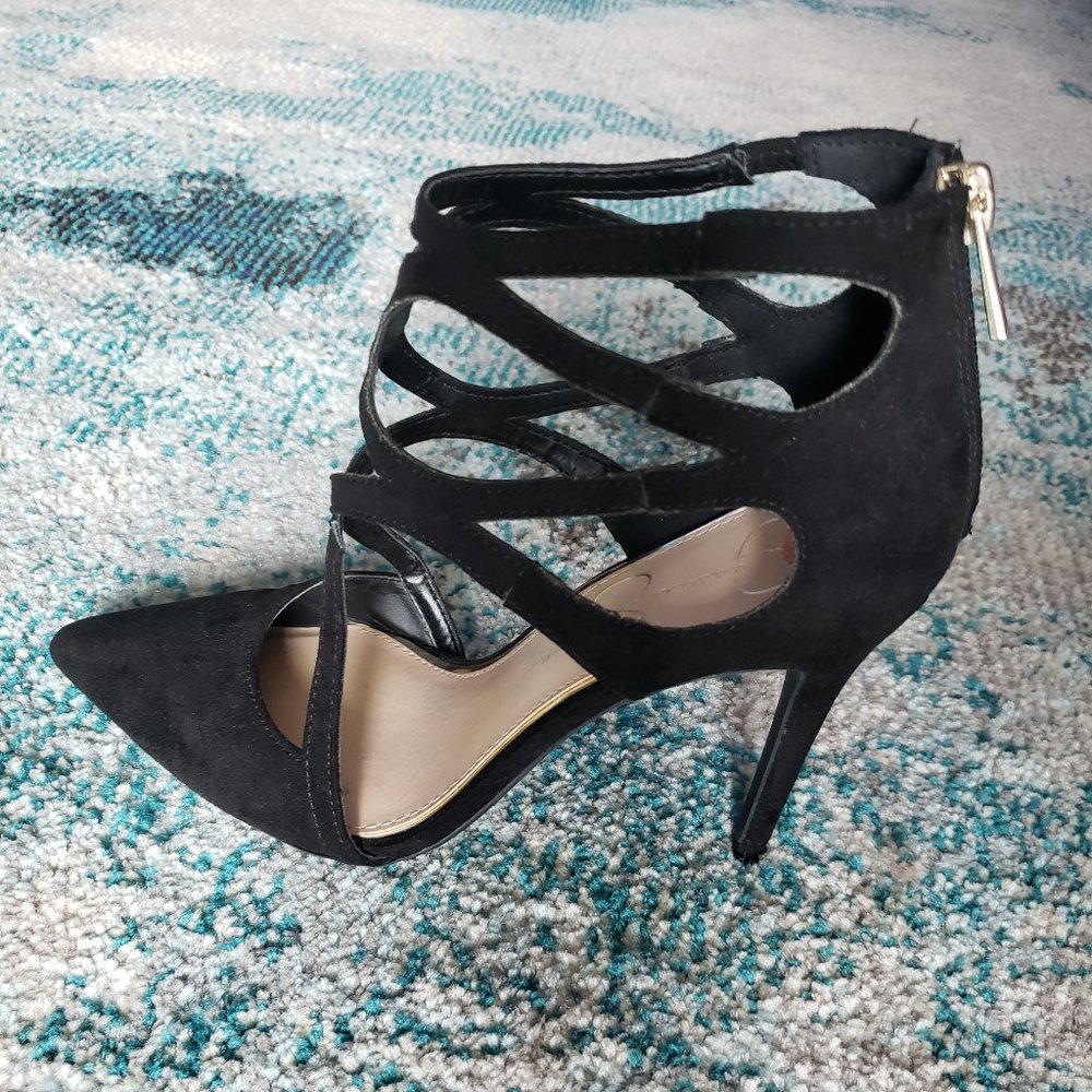 Strappy Black Suede Spikes with Zipper Heel